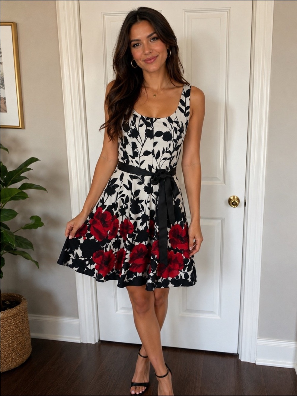 Jessica Howard Black, White & Red Floral Scoop-Neck Fit-and-Flare Dress